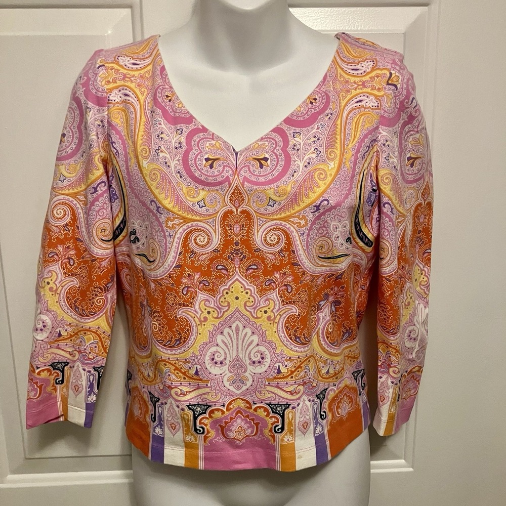Vintage Carlisle Size 4 Paisley V-Neck Knit 3/4 Sleeve Cotton Pink Shirt Top